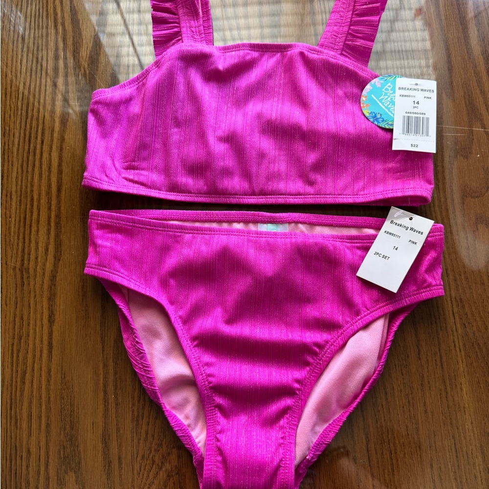 NWT- BRAKING WAVES Kids Swim Set in Vibrant Pink.